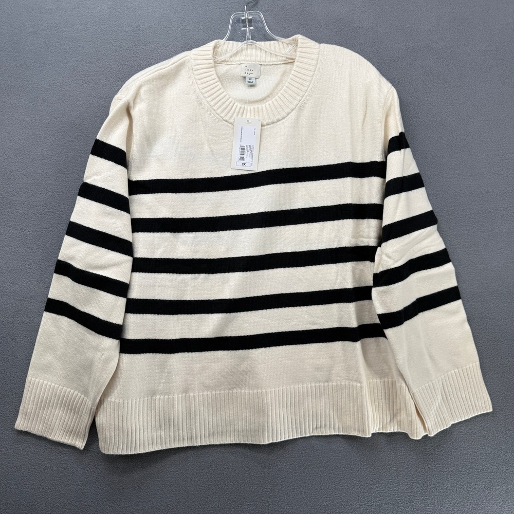 A New Day Womens Sweater 2X Cream Black Stripe‎ Crew Neck Cashmere Feel